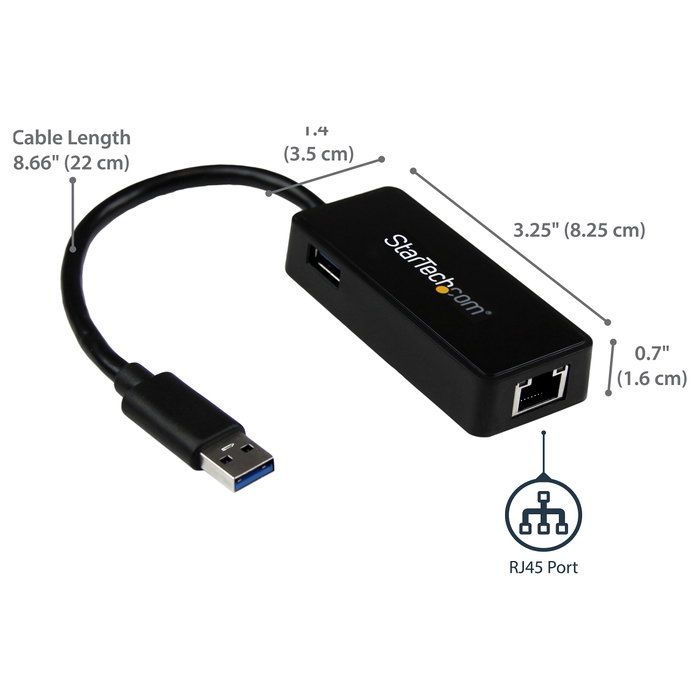 StarTech.com Adaptador de red USB 3.0 a Gigabit Ethernet con puerto USB integrado USB31000SPTB