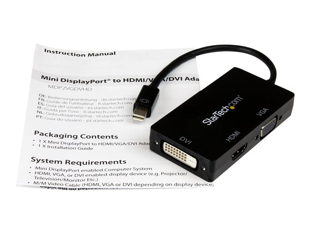 Startech Adaptador Mini DisplayPort (Mini DP) a VGA, DVI, HDMI - Convertidor 3 en 1, Cable de 27 cm, Resolución 1920x1200, 1080p Full HD, 7.1 Audio