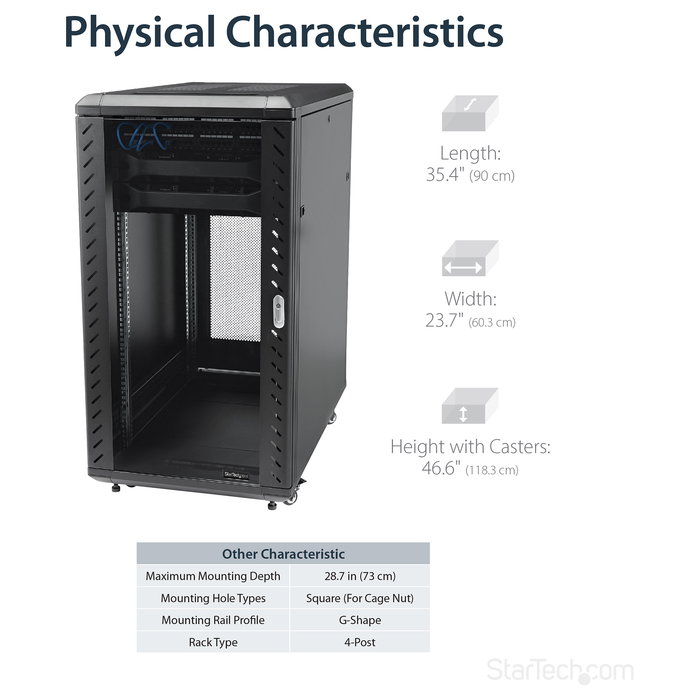 StarTech Armario Rack para Servidores 22U 19" Independiente con Ruedas, 4 Columnas, Cerradura, 800 kg Capacidad, Ajustable - 22HE Serverschrank
