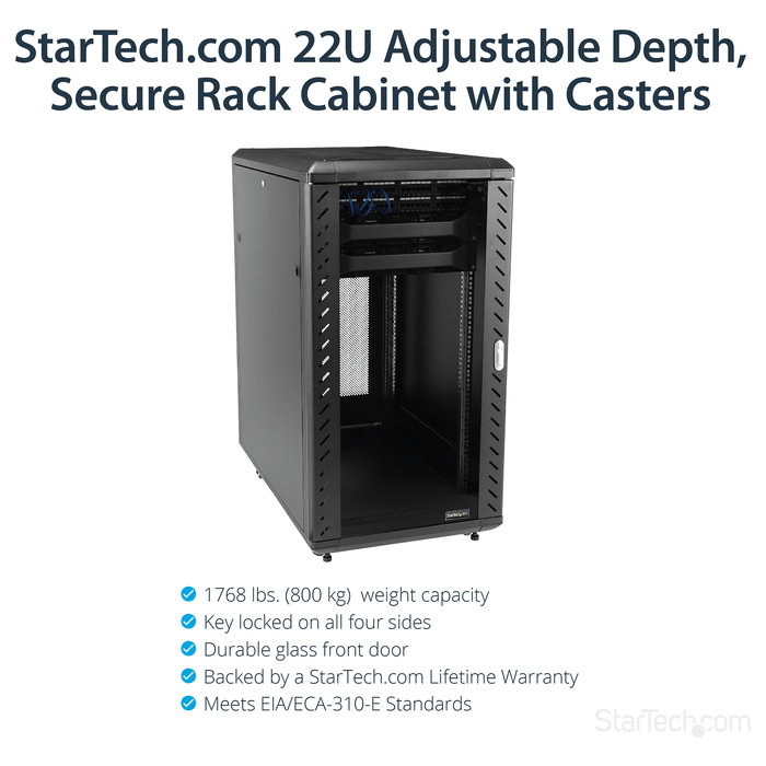 StarTech Armario Rack para Servidores 22U 19" Independiente con Ruedas, 4 Columnas, Cerradura, 800 kg Capacidad, Ajustable - 22HE Serverschrank