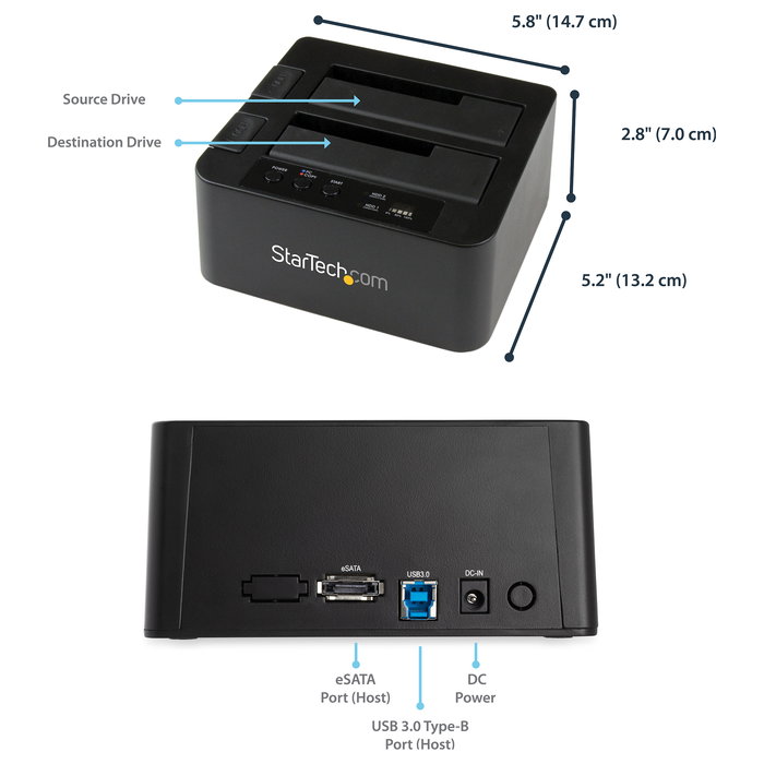 StarTech.com Duplicador USB 3.0/eSATA de Discos Duros de 2 Bahías para HDD/SSD SATA III de 2.5/3.5" - Estación de Acoplamiento Independiente, 1 Copia, Hasta 8 TB