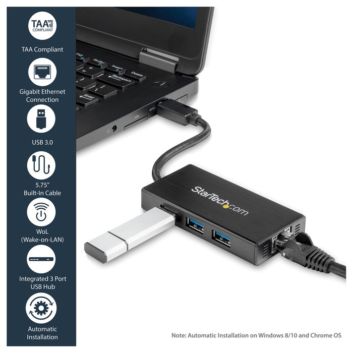 StarTech.com ST3300GU3B Hub USB 3.2 Gen 1 con Ethernet Gigabit y 3 Puertos USB, Aluminio, Negro StarTech.com ST3300GU3B Hub USB 3.2 Gen 1 con Ethernet Gigabit y 3 Puertos USB, Aluminio, Negro