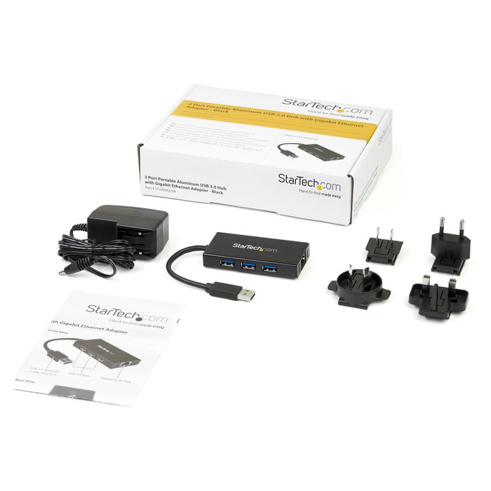 StarTech.com ST3300GU3B Hub USB 3.2 Gen 1 con Ethernet Gigabit y 3 Puertos USB, Aluminio, Negro StarTech.com ST3300GU3B Hub USB 3.2 Gen 1 con Ethernet Gigabit y 3 Puertos USB, Aluminio, Negro