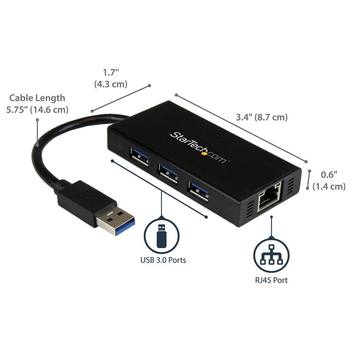 StarTech.com ST3300GU3B Hub USB 3.2 Gen 1 con Ethernet Gigabit y 3 Puertos USB, Aluminio, Negro StarTech.com ST3300GU3B Hub USB 3.2 Gen 1 con Ethernet Gigabit y 3 Puertos USB, Aluminio, Negro