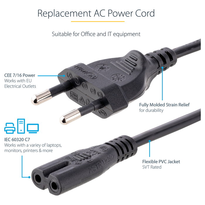 StarTech.com Cable de Alimentación para Portátiles 1m, Enchufe UE a C7, 2.5A 250V, Negro, H03VVH2-F, 18 AWG