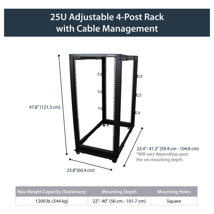 StarTech 25U Rack de Servidor de 4 Postes de Marco Abierto Ajustable 56-100 cm de Profundidad con Ruedas, Niveladores, Ganchos para Cable, Negro, 544.3 kg de Capacidad