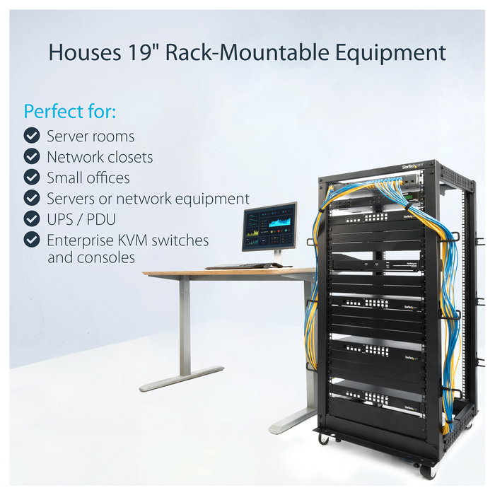 StarTech 25U Rack de Servidor de 4 Postes de Marco Abierto Ajustable 56-100 cm de Profundidad con Ruedas, Niveladores, Ganchos para Cable, Negro, 544.3 kg de Capacidad