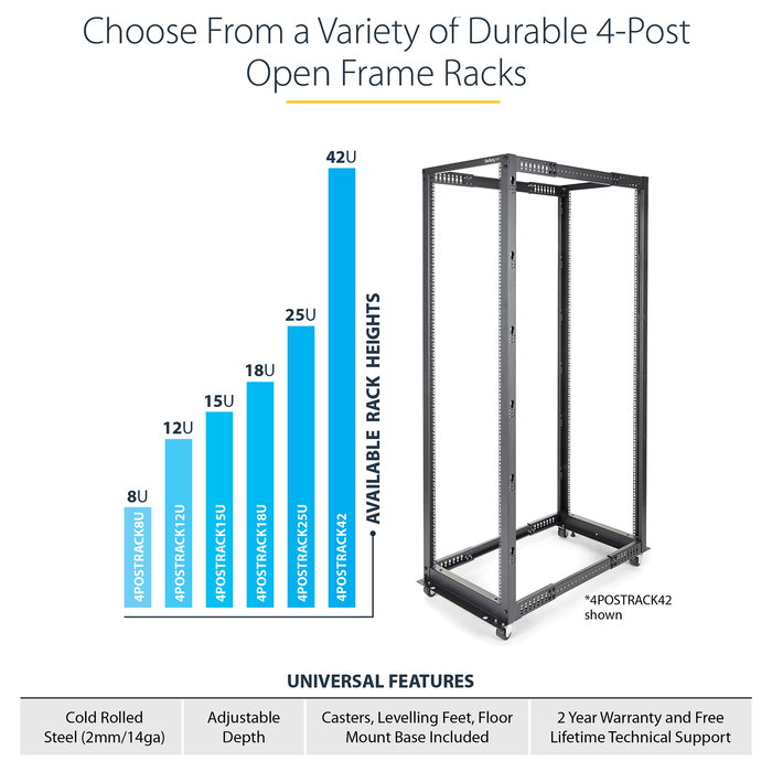 StarTech 25U Rack de Servidor de 4 Postes de Marco Abierto Ajustable 56-100 cm de Profundidad con Ruedas, Niveladores, Ganchos para Cable, Negro, 544.3 kg de Capacidad