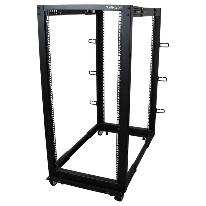 StarTech 25U Rack de Servidor de 4 Postes de Marco Abierto Ajustable 56-100 cm de Profundidad con Ruedas, Niveladores, Ganchos para Cable, Negro, 544.3 kg de Capacidad