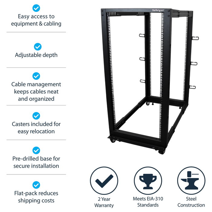 StarTech 25U Rack de Servidor de 4 Postes de Marco Abierto Ajustable 56-100 cm de Profundidad con Ruedas, Niveladores, Ganchos para Cable, Negro, 544.3 kg de Capacidad