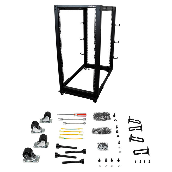 StarTech 25U Rack de Servidor de 4 Postes de Marco Abierto Ajustable 56-100 cm de Profundidad con Ruedas, Niveladores, Ganchos para Cable, Negro, 544.3 kg de Capacidad