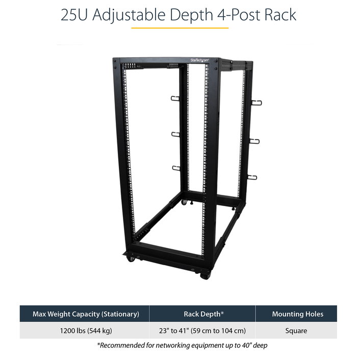 StarTech 25U Rack de Servidor de 4 Postes de Marco Abierto Ajustable 56-100 cm de Profundidad con Ruedas, Niveladores, Ganchos para Cable, Negro, 544.3 kg de Capacidad