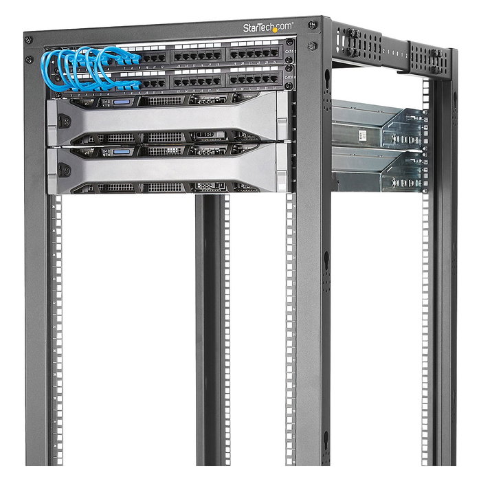 StarTech 25U Rack de Servidor de 4 Postes de Marco Abierto Ajustable 56-100 cm de Profundidad con Ruedas, Niveladores, Ganchos para Cable, Negro, 544.3 kg de Capacidad