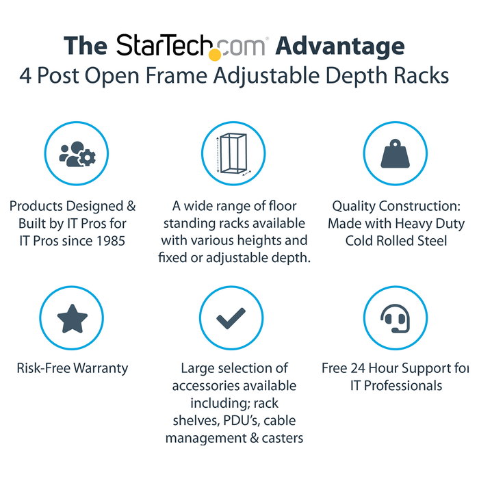 StarTech 25U Rack de Servidor de 4 Postes de Marco Abierto Ajustable 56-100 cm de Profundidad con Ruedas, Niveladores, Ganchos para Cable, Negro, 544.3 kg de Capacidad