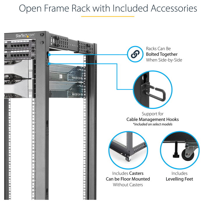 StarTech 25U Rack de Servidor de 4 Postes de Marco Abierto Ajustable 56-100 cm de Profundidad con Ruedas, Niveladores, Ganchos para Cable, Negro, 544.3 kg de Capacidad