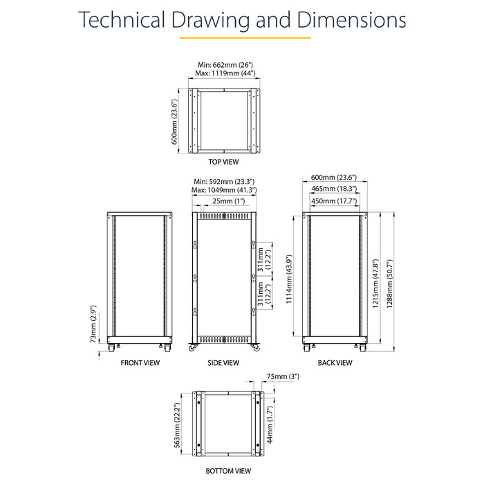 StarTech 25U Rack de Servidor de 4 Postes de Marco Abierto Ajustable 56-100 cm de Profundidad con Ruedas, Niveladores, Ganchos para Cable, Negro, 544.3 kg de Capacidad