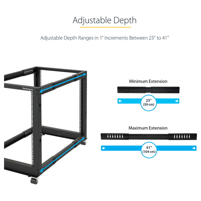 StarTech 25U Rack de Servidor de 4 Postes de Marco Abierto Ajustable 56-100 cm de Profundidad con Ruedas, Niveladores, Ganchos para Cable, Negro, 544.3 kg de Capacidad