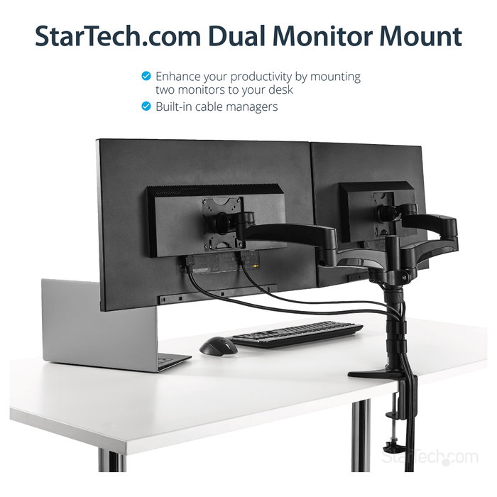 StarTech.com Soporte Brazo Articulado Dual para 2 Monitores, 13.6 kg, 12 a 24 Pulgadas, VESA 100x100, Abrazadera Escritorio, Negro
