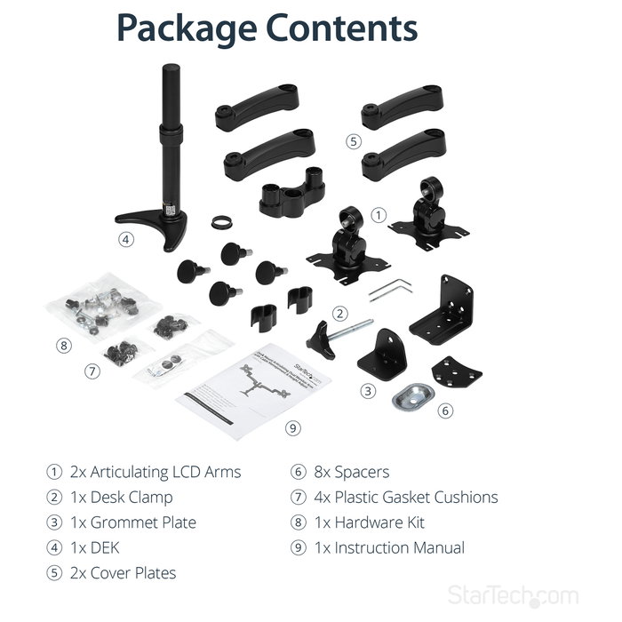 StarTech.com Soporte Brazo Articulado Dual para 2 Monitores, 13.6 kg, 12 a 24 Pulgadas, VESA 100x100, Abrazadera Escritorio, Negro