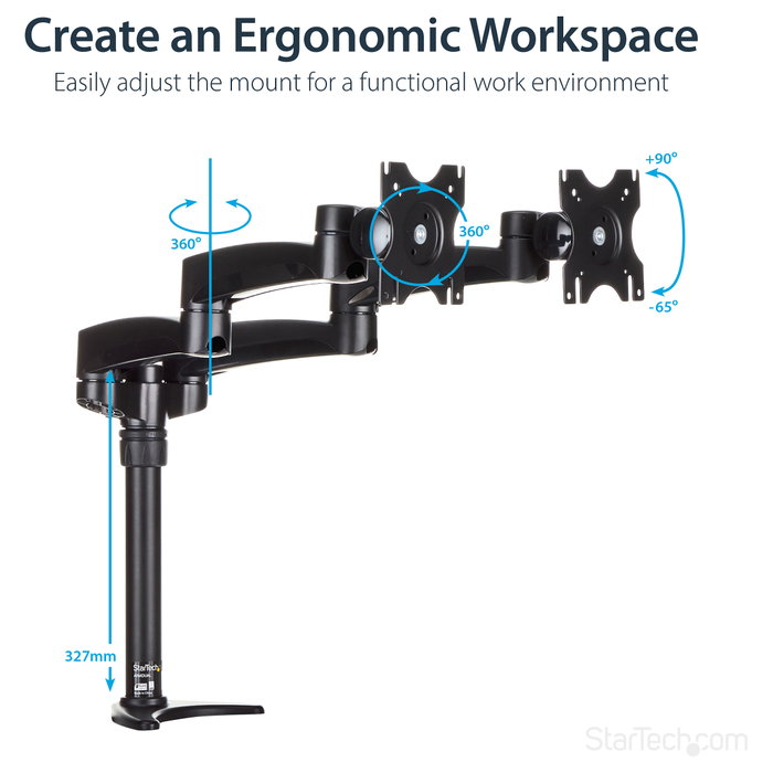 StarTech.com Soporte Brazo Articulado Dual para 2 Monitores, 13.6 kg, 12 a 24 Pulgadas, VESA 100x100, Abrazadera Escritorio, Negro
