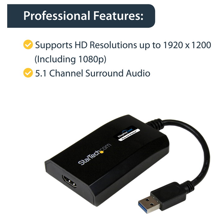 StarTech Adaptador USB 3.0 a HDMI Video 1080p Certificado DisplayLink para Mac y PC, 1920x1200 Pixeles, USB Tipo A, Negro StarTech Adaptador USB 3.0 a HDMI Video 1080p Certificado DisplayLink para Mac y PC, 1920x1200 Pixeles, USB Tipo A, Negro