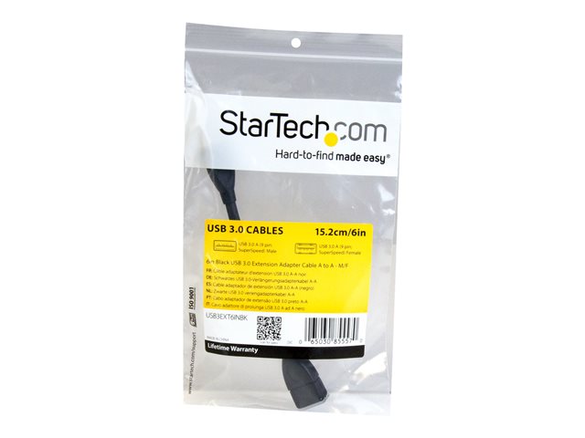 StarTech Cable Extensor USB 3.0 de 15 cm USB A Macho a Hembra, 24/28 AWG, Chapado en Níquel, Negro