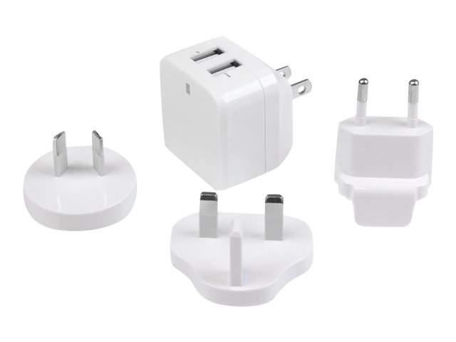StarTech.com USB2PACWH - Cargador de Pared USB de 2 Puertos 17W, 2x USB-A, 5V/3.4A, Internacional (UE, UK, US, AU) para Tablets y Smartphones