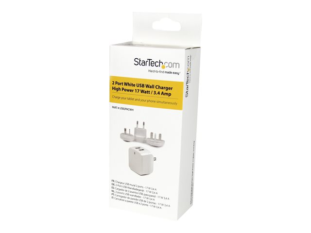 StarTech.com USB2PACWH - Cargador de Pared USB de 2 Puertos 17W, 2x USB-A, 5V/3.4A, Internacional (UE, UK, US, AU) para Tablets y Smartphones