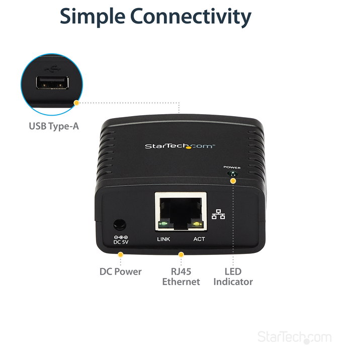 StarTech.com Servidor de Impresión en Red Ethernet LPR 10/100 Mbps USB 2.0, 1 Puerto LAN (RJ-45), 1 Puerto USB 2.0, Compatible con Windows y Mac