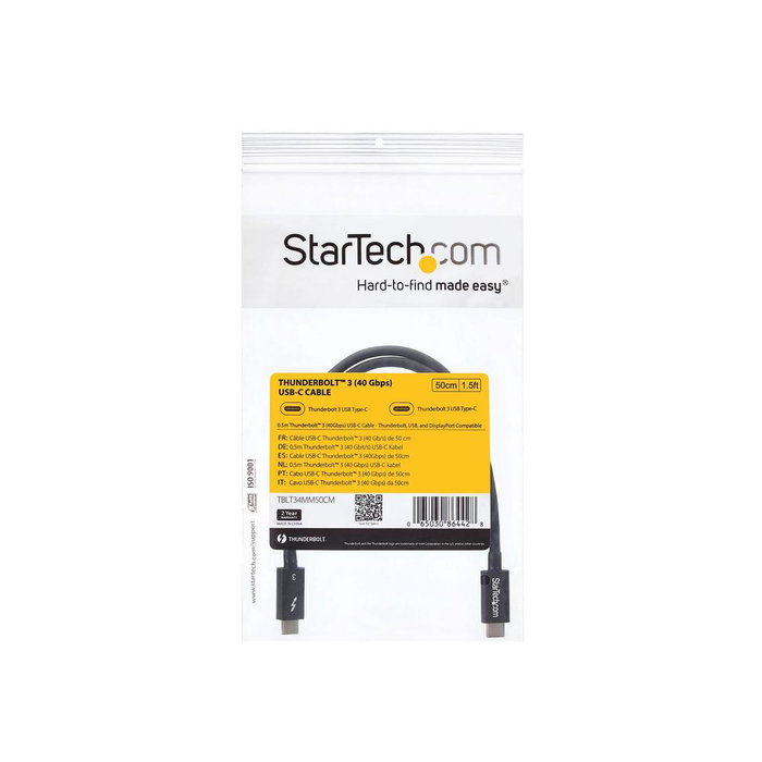 Startech Cable Thunderbolt 3 USB-C 50 cm 40 Gbps USB4 PD 100W Negro