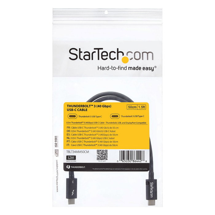 StarTech Cable Thunderbolt 3 USB-C de 0,5 m, 40 Gbps, Negro
