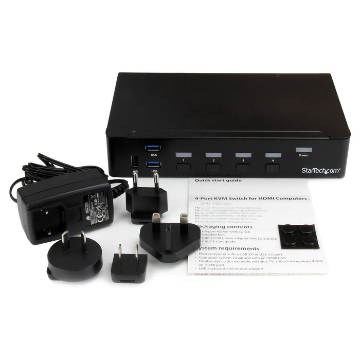 StarTech Conmutador KVM de 4 Puertos HDMI 1080p con USB 3.0 Hub y Audio, Montaje en Rack, Negro - 4 Port HDMI KVM Switch