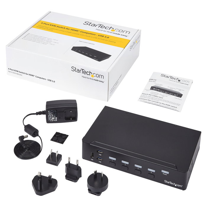 StarTech Conmutador KVM de 4 Puertos HDMI 1080p con USB 3.0 Hub y Audio, Montaje en Rack, Negro - 4 Port HDMI KVM Switch