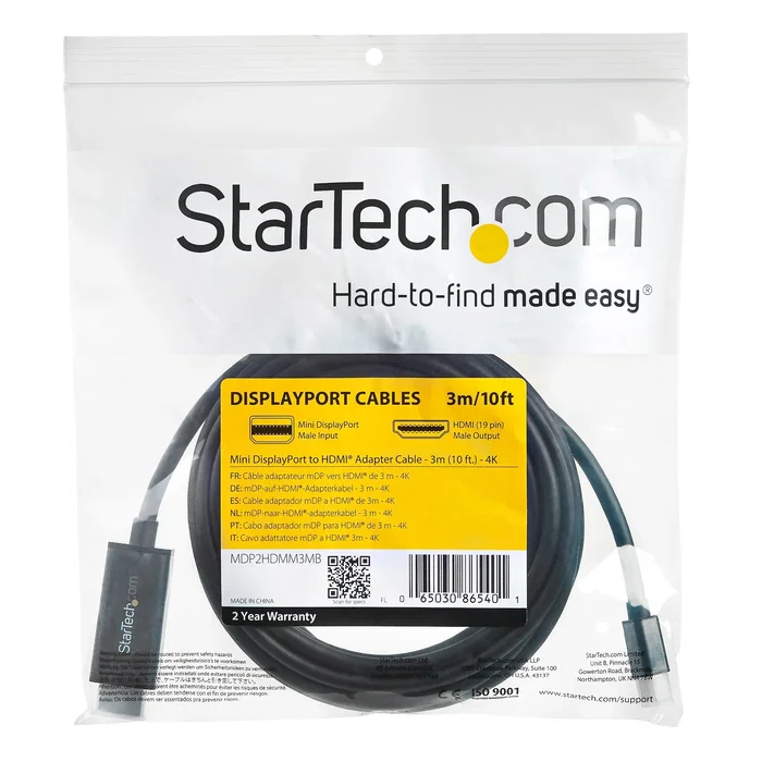 StarTech Cable Adaptador MDP2HDMM3MB, Mini DisplayPort a HDMI 3m, 4K 30Hz, Hasta 4096x2160, Thunderbolt, para Surface Pro, MacBook, Negro