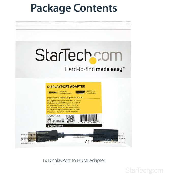 Adaptador DisplayPort a HDMI Startech DP2HD4K60S Negro