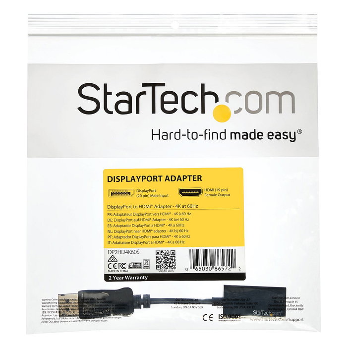 Adaptador DisplayPort a HDMI Startech DP2HD4K60S Negro