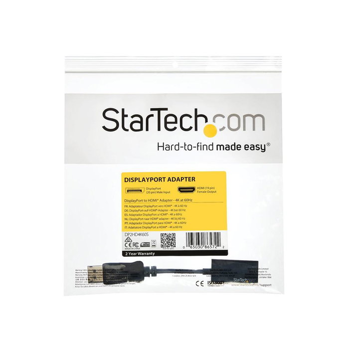StarTech.com Adaptador DisplayPort a HDMI 4K 60Hz DP2HD4K60S Negro
