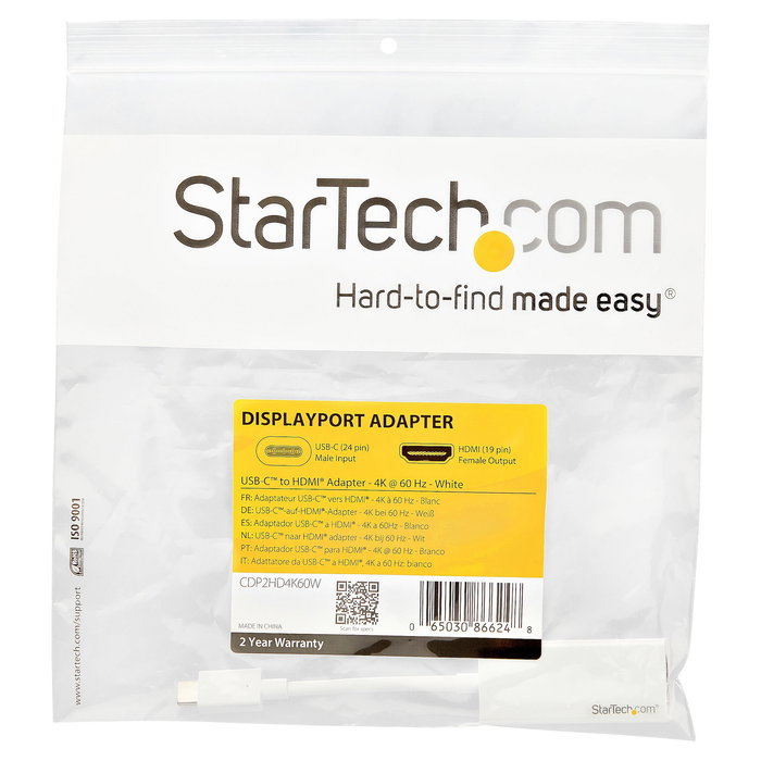 StarTech.com USB-C a HDMI Adapter Adaptador de USB Tipo C a HDMI 4K Ultra HD a 60Hz 3840 x 2160px 0.093m Cable Blanco