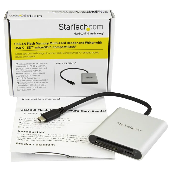 StarTech FCREADU3C Lector Multitarjetas USB-C Externo - USB 3.2 Gen 1 Type-C, Compatible con SD, microSD, CF, CompactFlash - Negro y Plata