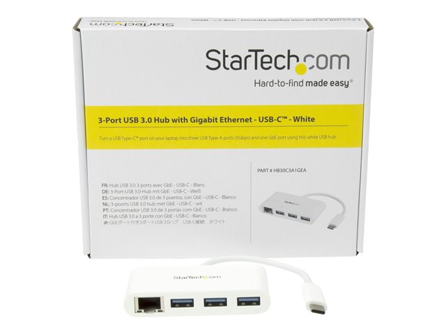 StarTech.com Concentrador USB 3.0 de 3 Puertos con USB-C y Ethernet Gigabit - Blanco