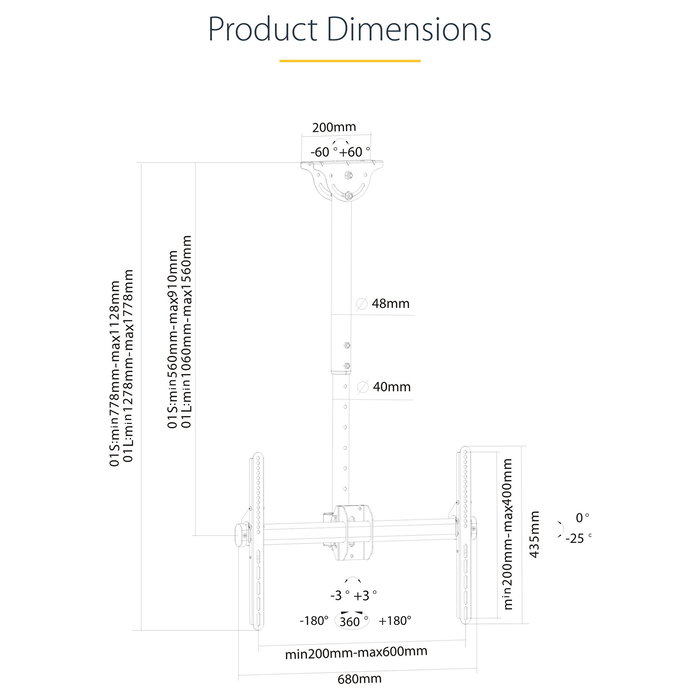StarTech.com Soporte de Techo Universal para TV LED/LCD de 32" a 75", Mástil Telescópico Ajustable 110-160 cm, Giro 360°, Inclinación, 50 kg, VESA 200x200 a 600x400 mm, Negro StarTech.com Soporte de Techo Universal para TV LED/LCD de 32" a 75", Mástil Telescópico Ajustable 110-160 cm, Giro 360°, Inclinación, 50 kg, VESA 200x200 a 600x400 mm, Negro