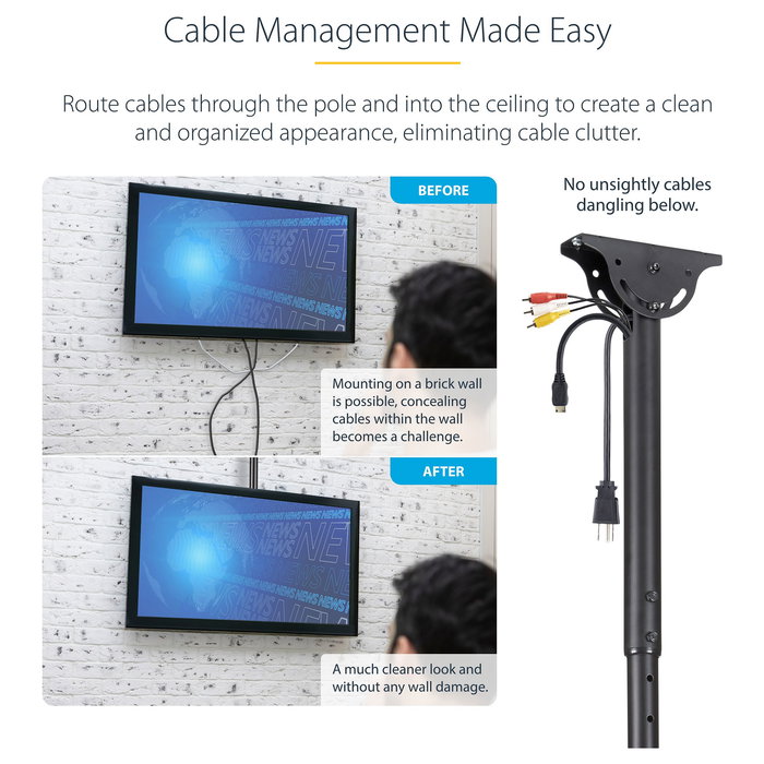StarTech.com Soporte de Techo Universal para TV LED/LCD de 32" a 75", Mástil Telescópico Ajustable 110-160 cm, Giro 360°, Inclinación, 50 kg, VESA 200x200 a 600x400 mm, Negro StarTech.com Soporte de Techo Universal para TV LED/LCD de 32" a 75", Mástil Telescópico Ajustable 110-160 cm, Giro 360°, Inclinación, 50 kg, VESA 200x200 a 600x400 mm, Negro