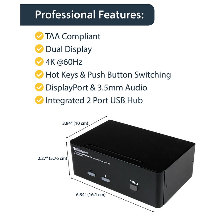 StarTech Switch KVM de 2 Puertos DisplayPort - Dual Monitor 4K 60Hz 3840 x 2160 - USB Hub 4 Puertos con Audio/Microfono - Conmutador para 2 PCs