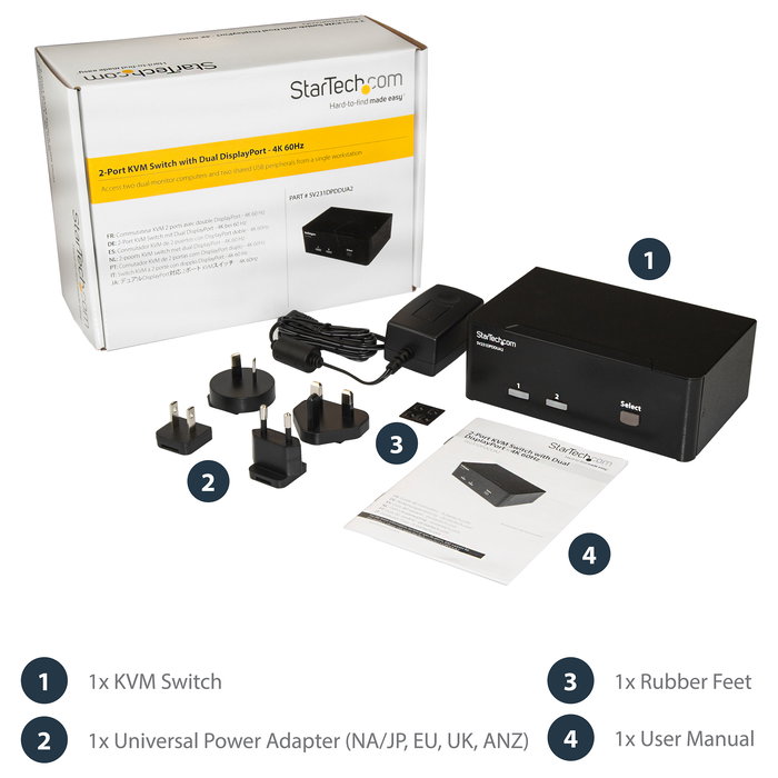 StarTech Switch KVM de 2 Puertos DisplayPort - Dual Monitor 4K 60Hz 3840 x 2160 - USB Hub 4 Puertos con Audio/Microfono - Conmutador para 2 PCs