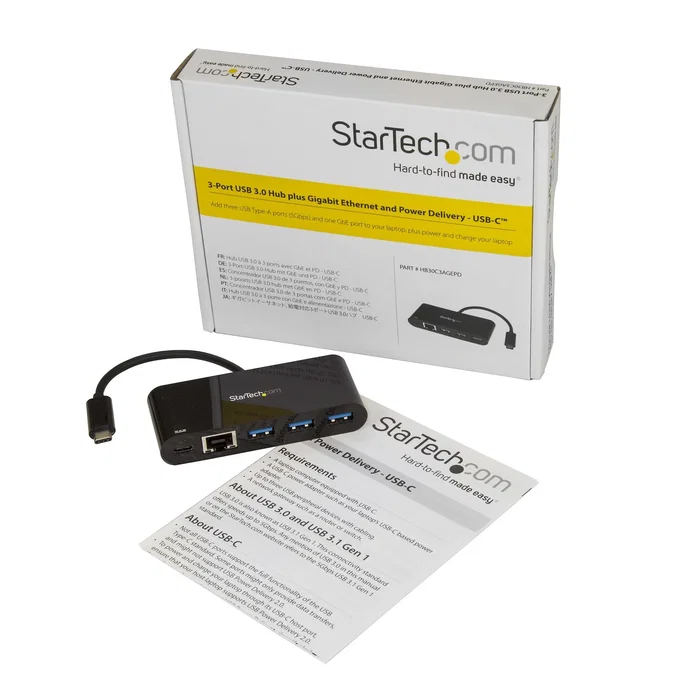 StarTech Hub USB-C de 3 Puertos USB-A con Ethernet Gigabit y PD 60W HB30C3AGEPD