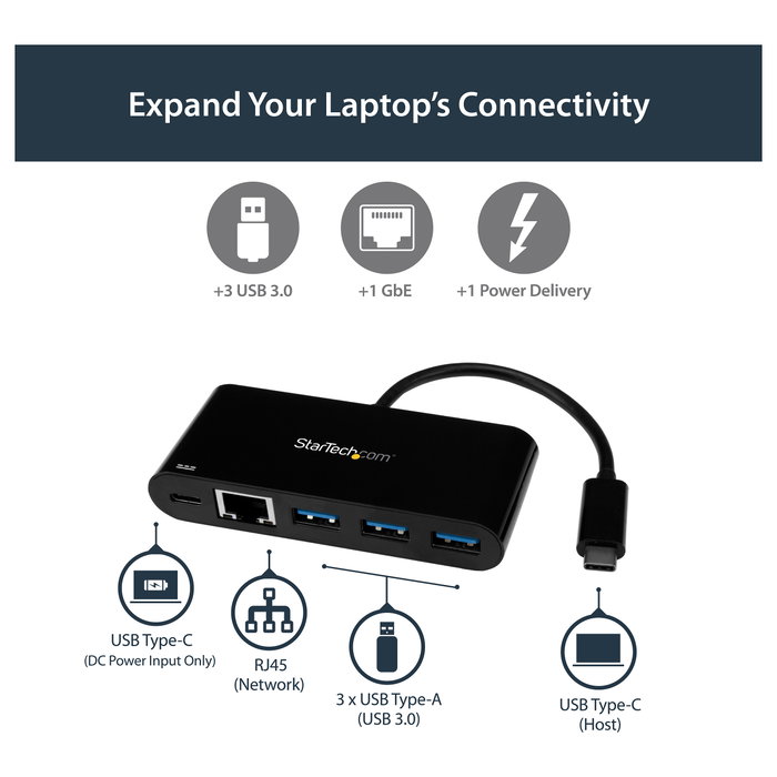 StarTech.com Adaptador USB-C a Ethernet Gigabit con Hub de 3 Puertos USB 3.0 y Power Delivery US1GC303APD