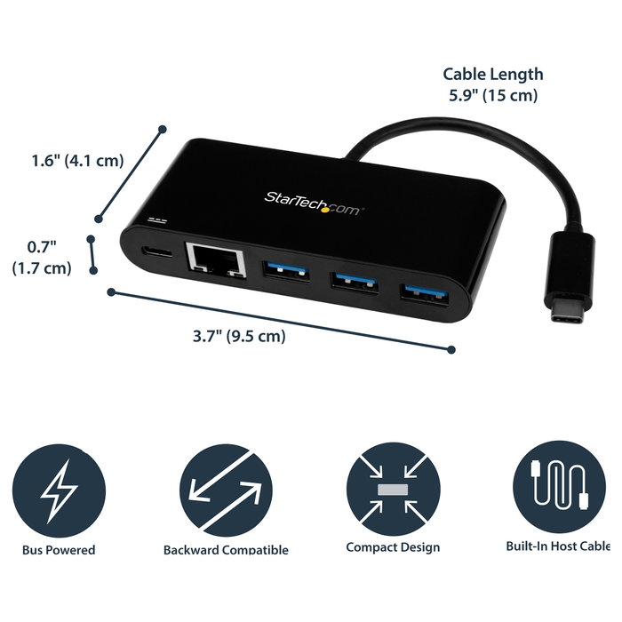 StarTech.com Adaptador USB-C a Ethernet Gigabit con Hub de 3 Puertos USB 3.0 y Power Delivery US1GC303APD