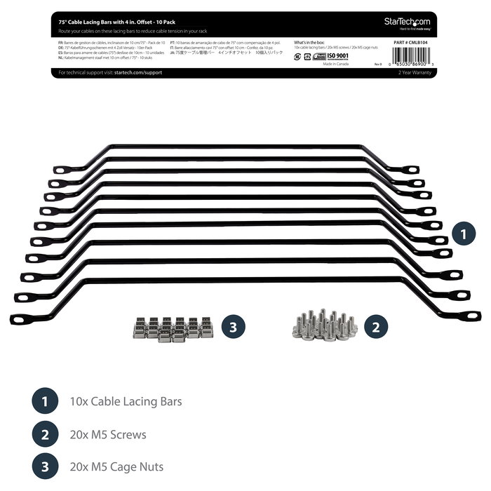 StarTech Barra Horizontal para Gestión de Cableado 104MM Negro Acero 10 Piezas