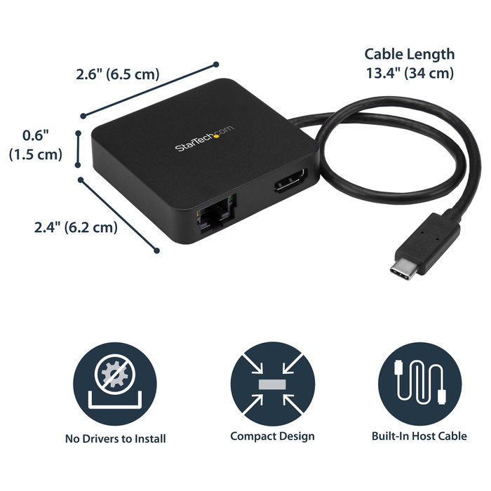 StarTech.com Adaptador Multipuertos USB C HDMI 4K, Ethernet Gigabit, USB 3.0, Negro