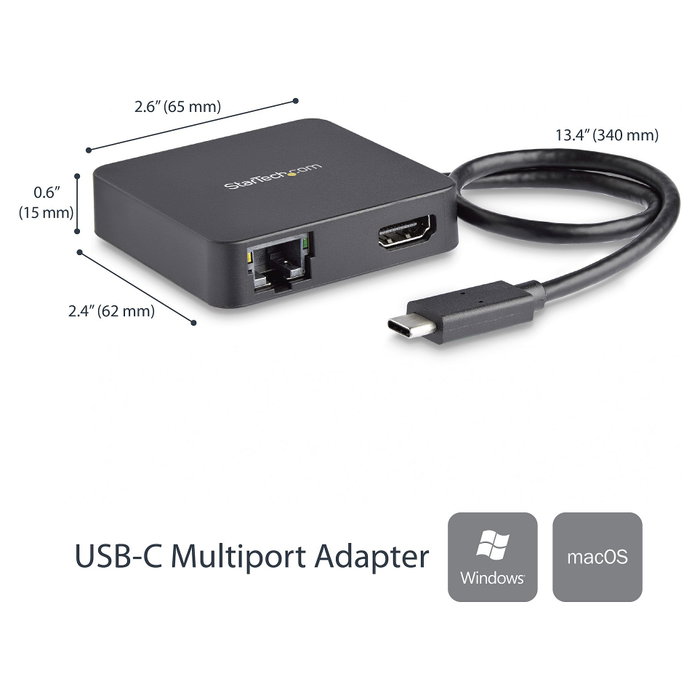 StarTech.com Adaptador Multipuertos USB C HDMI 4K, Ethernet Gigabit, USB 3.0, Negro